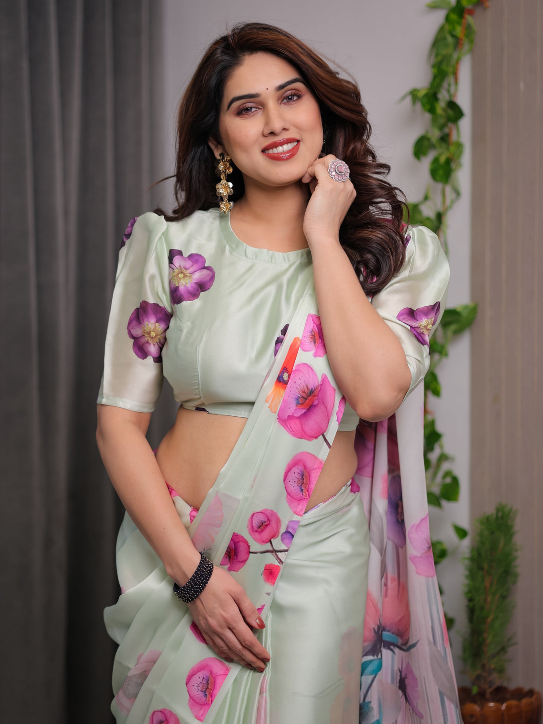 Mint Green Satin Georgette Floral Printed Saree with Attached Blouse – Soft Pastel Designer Saree with Watercolor Bloom Detailing