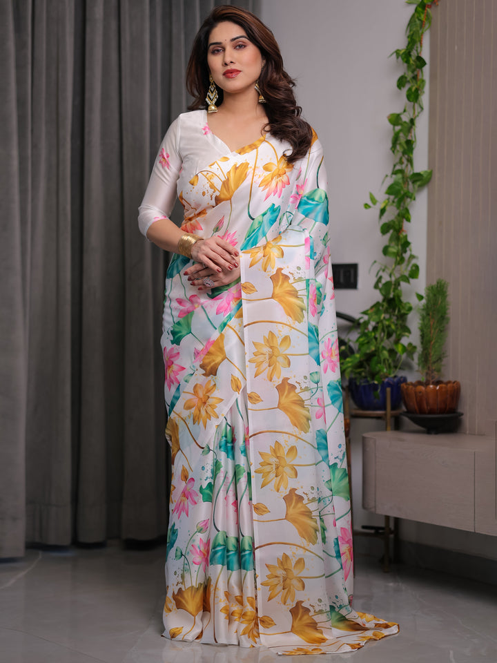 White Satin Georgette Lotus Floral Printed Saree with Attached Blouse – Elegant Watercolor Designer Saree for Festive & Graceful Occasions