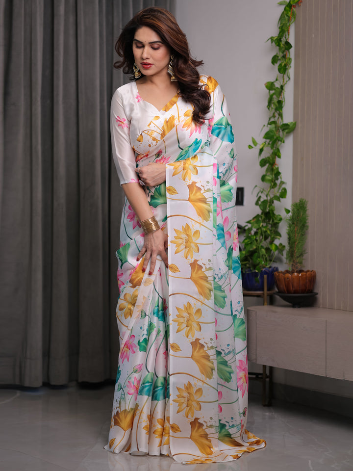 White Satin Georgette Lotus Floral Printed Saree with Attached Blouse – Elegant Watercolor Designer Saree for Festive & Graceful Occasions