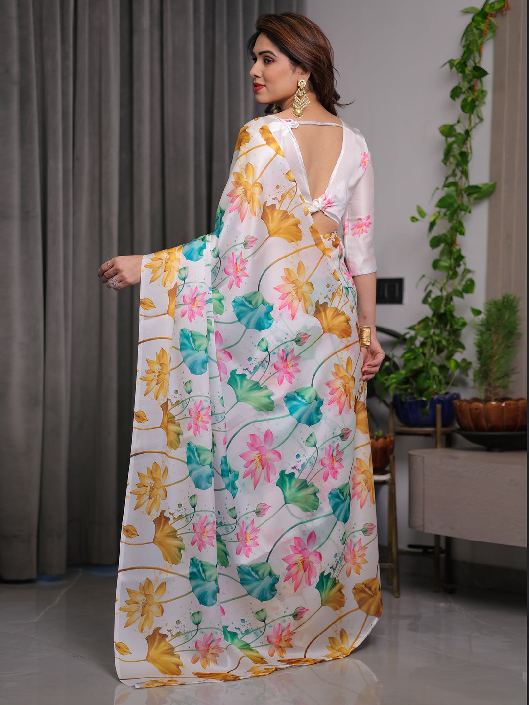 White Satin Georgette Lotus Floral Printed Saree with Attached Blouse – Elegant Watercolor Designer Saree for Festive & Graceful Occasions