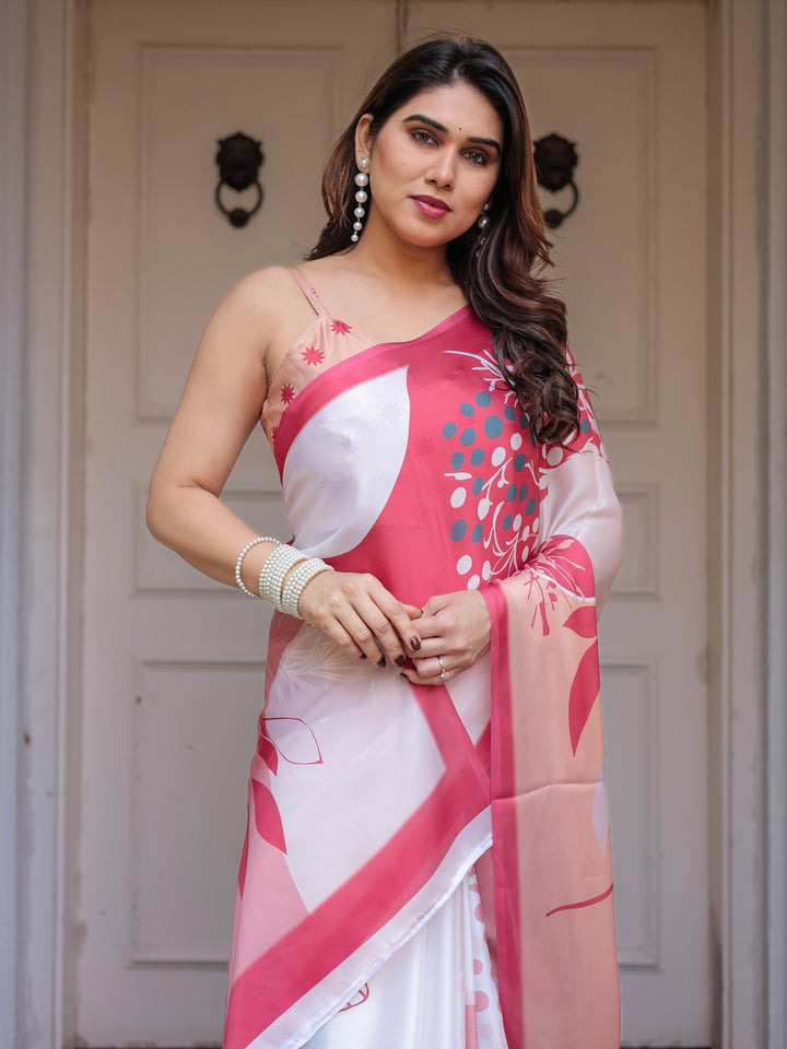 Peach Pink Botanical Printed Satin Georgette Saree with Matching Blouse – Soft Elegant Party & Day Festive Wear