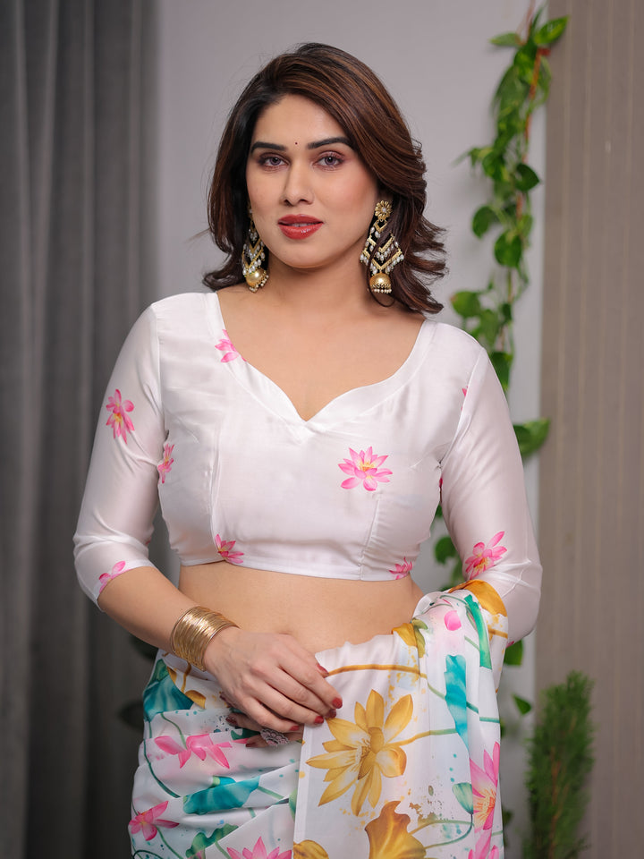 White Satin Georgette Lotus Floral Printed Saree with Attached Blouse – Elegant Watercolor Designer Saree for Festive & Graceful Occasions