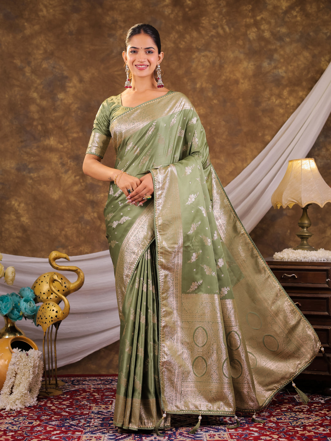 Sage Green Kanjivaram Banarasi Satin Silk Saree with Silver Zari Weaving, Designer Woven Pallu & Tassel Detailing