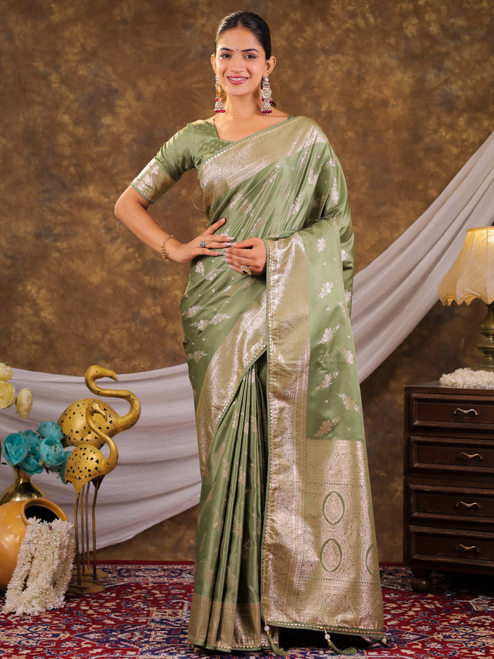 Sage Green Kanjivaram Banarasi Satin Silk Saree with Silver Zari Weaving, Designer Woven Pallu & Tassel Detailing