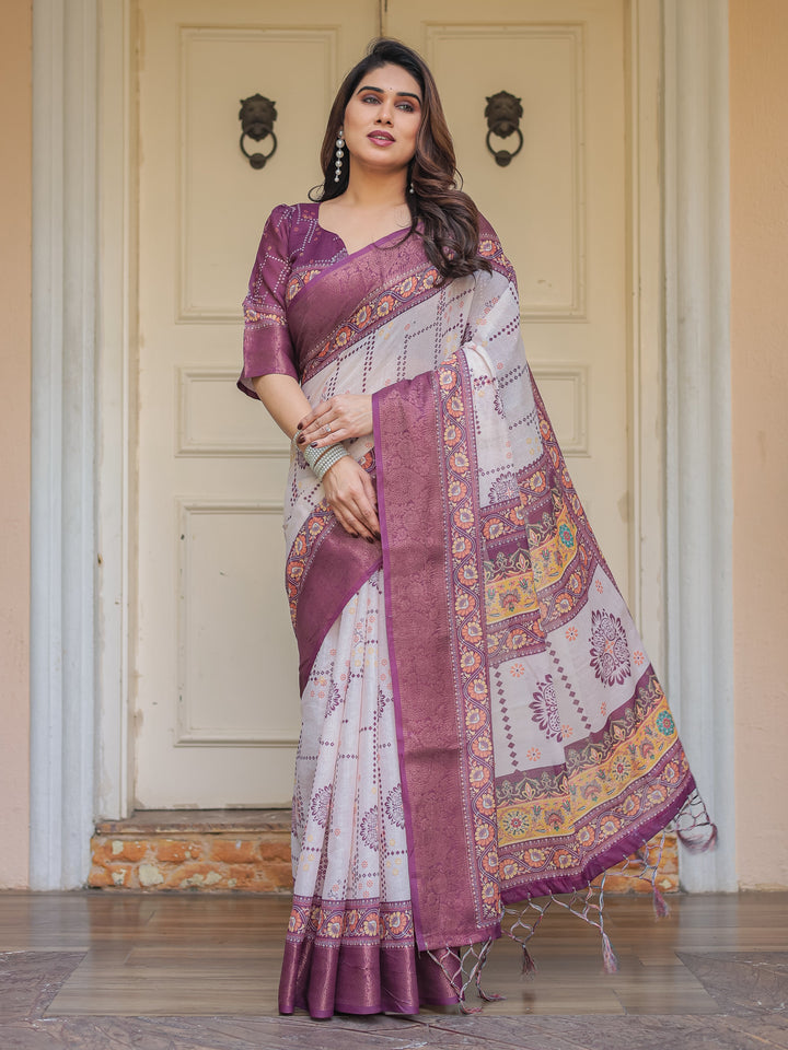 Wine Purple Handloom Cotton Printed Saree with Floral Panel Pallu, Ornamental Border & Tassels – Festive Ethnic Wear