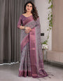 Dusty Purple Handloom Linen Printed Saree with Zari Border, Geometric Floral Motifs & Tasselled Pallu | Attached Blouse Piece | 5.5m Saree + 0.8m Blouse