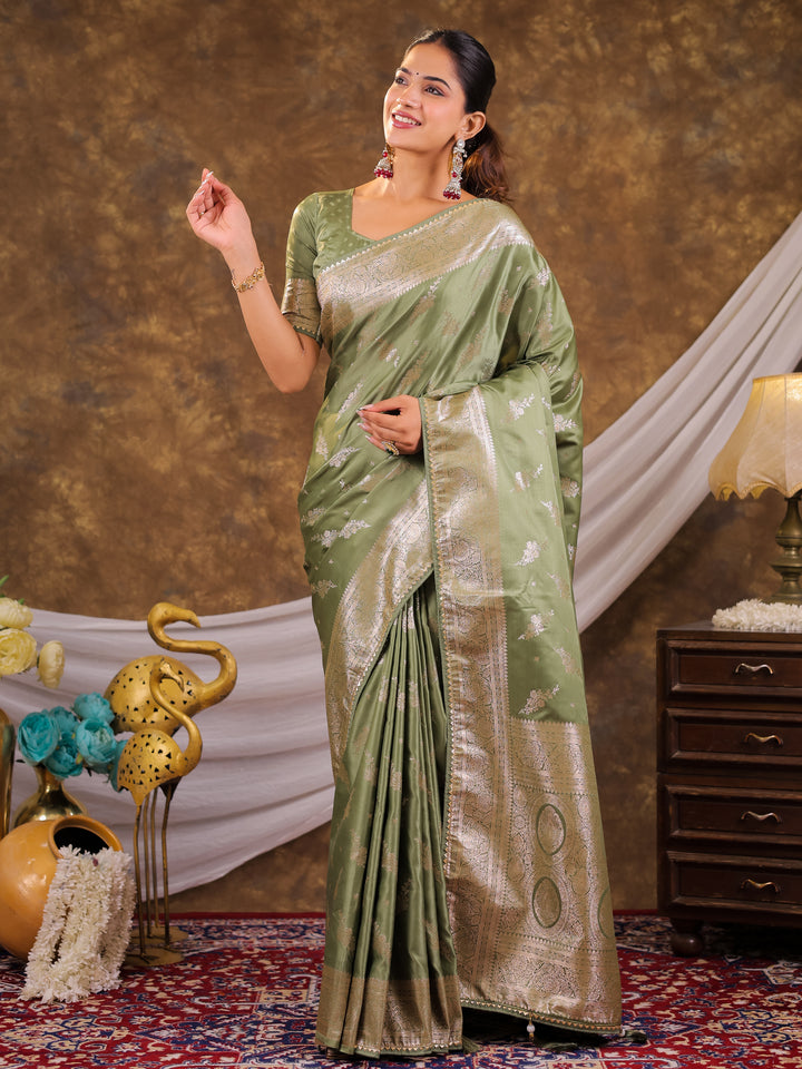 Sage Green Kanjivaram Banarasi Satin Silk Saree with Silver Zari Weaving, Designer Woven Pallu & Tassel Detailing