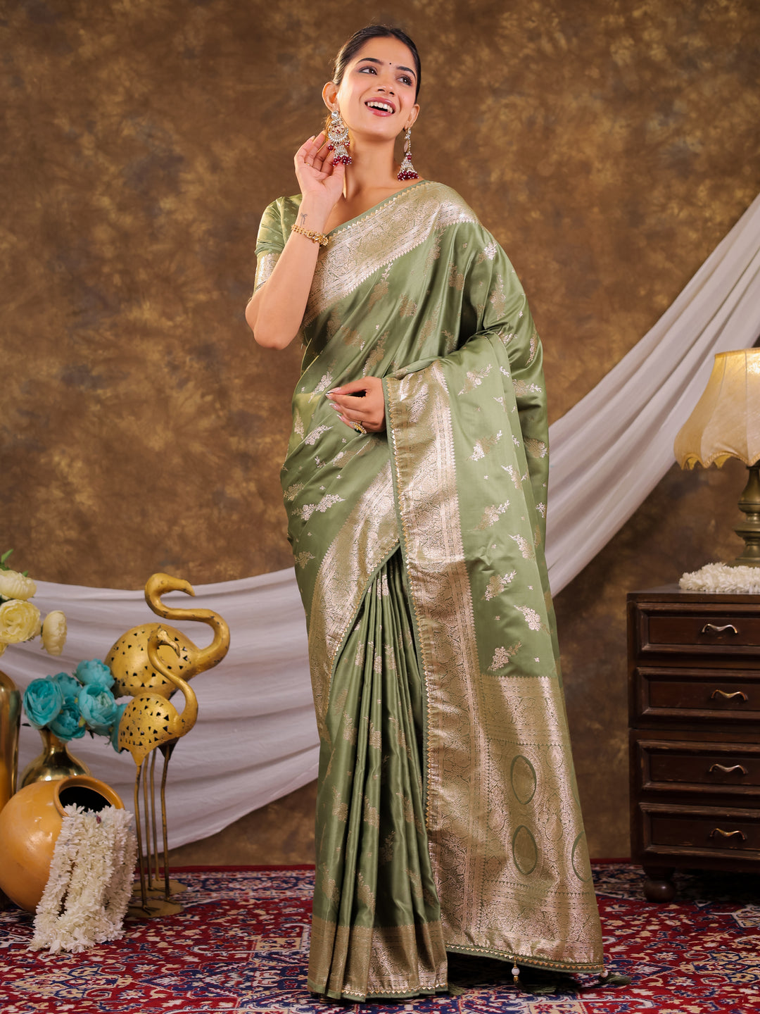 Sage Green Kanjivaram Banarasi Satin Silk Saree with Silver Zari Weaving, Designer Woven Pallu & Tassel Detailing