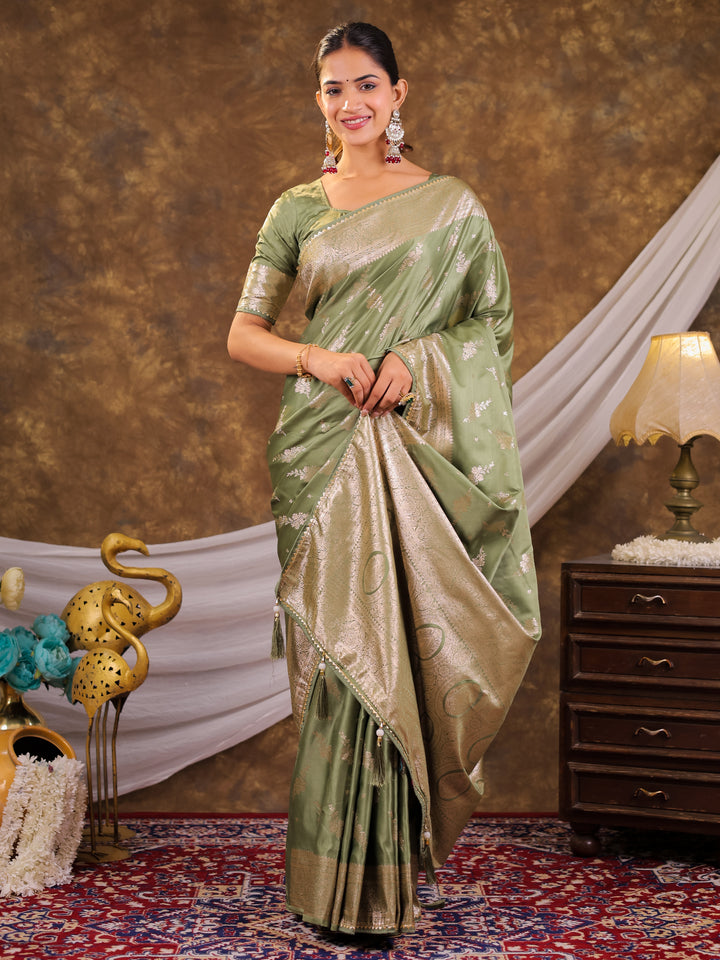 Sage Green Kanjivaram Banarasi Satin Silk Saree with Silver Zari Weaving, Designer Woven Pallu & Tassel Detailing