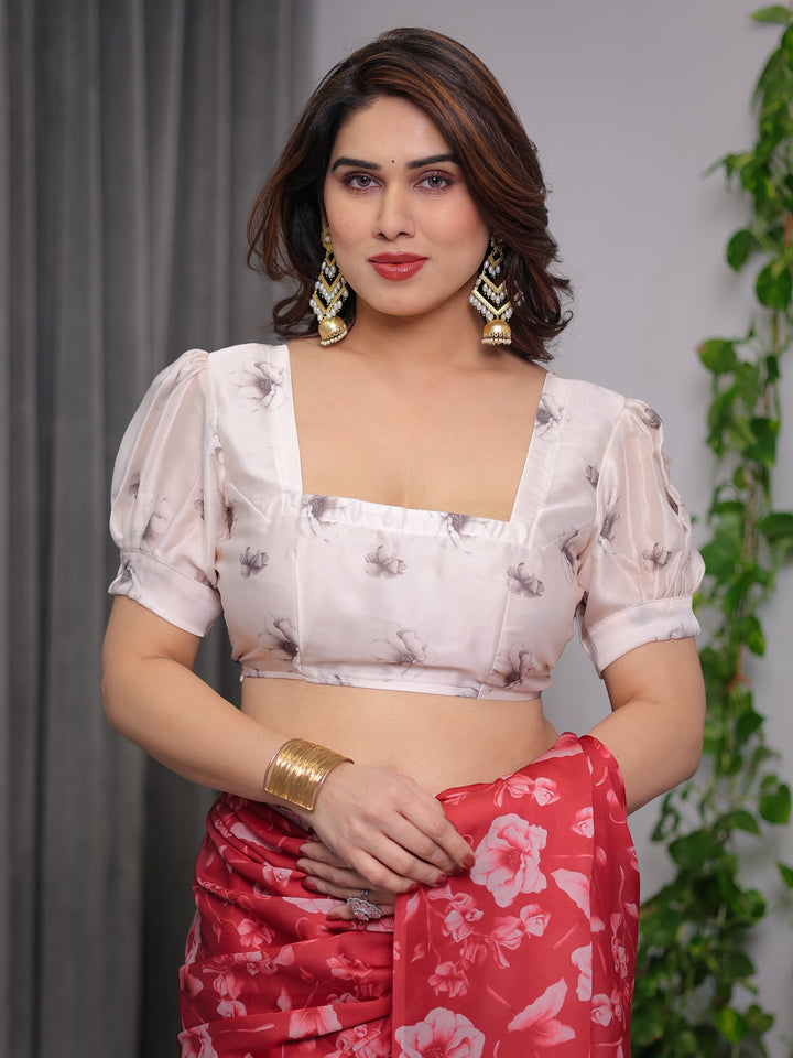 Red Satin Georgette Floral Printed Saree with Attached Blouse – Elegant Soft-Flow Designer Saree for Parties & Festive Wear