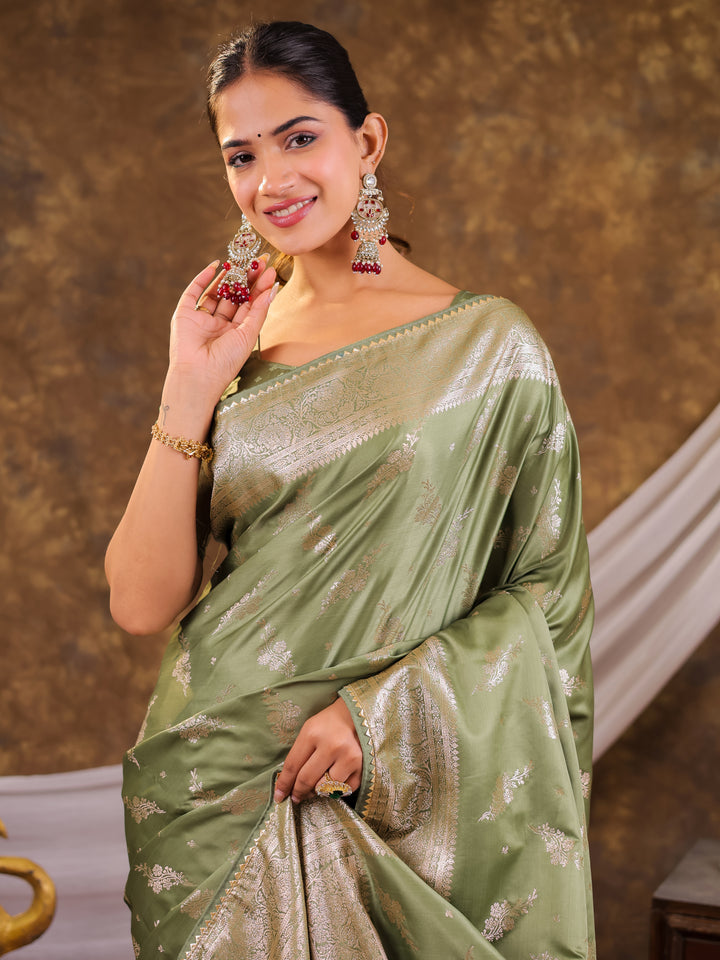 Sage Green Kanjivaram Banarasi Satin Silk Saree with Silver Zari Weaving, Designer Woven Pallu & Tassel Detailing