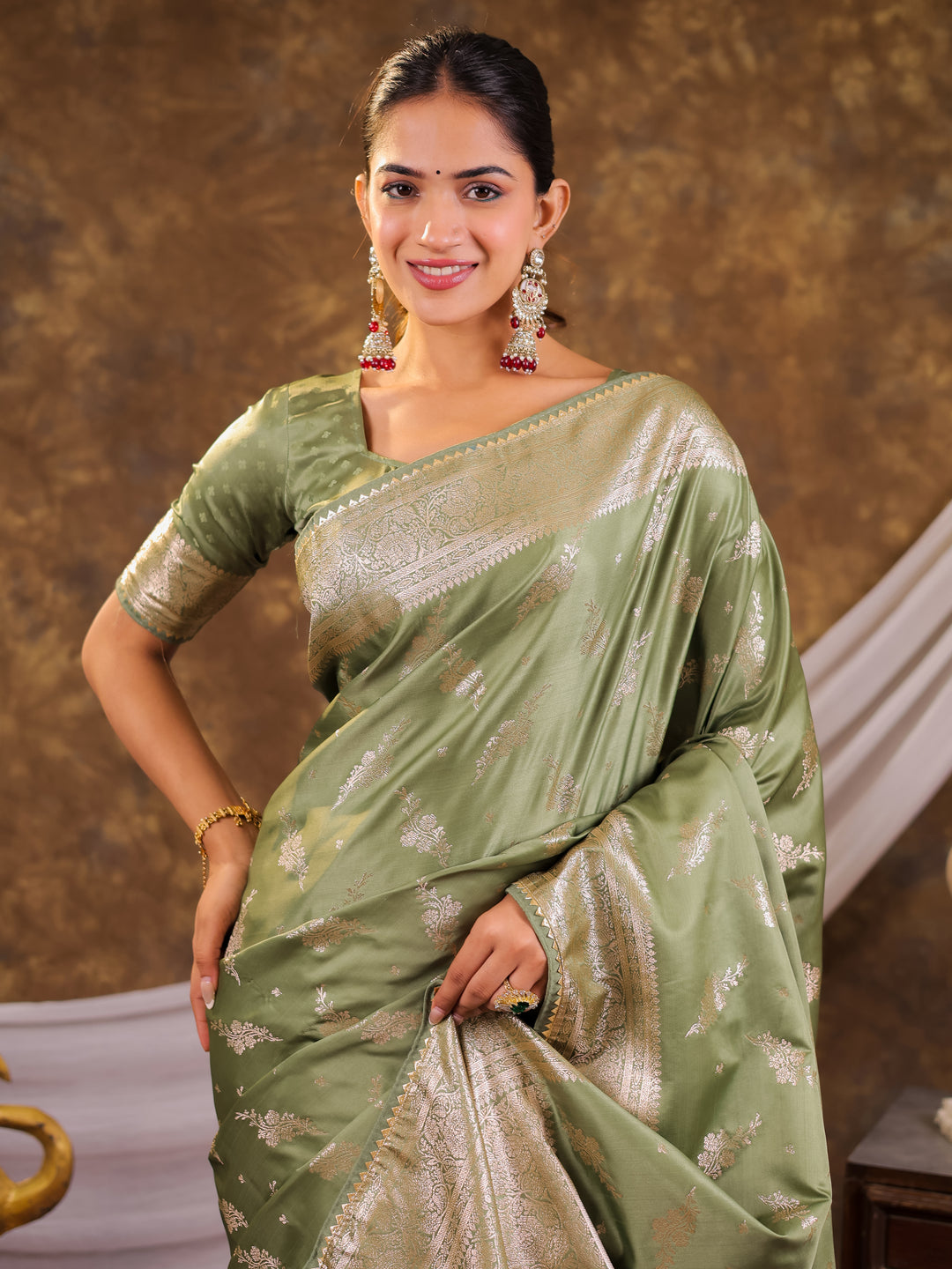 Sage Green Kanjivaram Banarasi Satin Silk Saree with Silver Zari Weaving, Designer Woven Pallu & Tassel Detailing