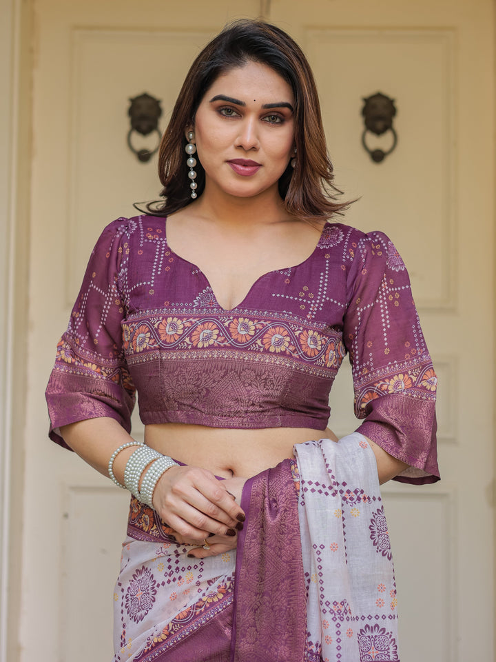 Wine Purple Handloom Cotton Printed Saree with Floral Panel Pallu, Ornamental Border & Tassels – Festive Ethnic Wear