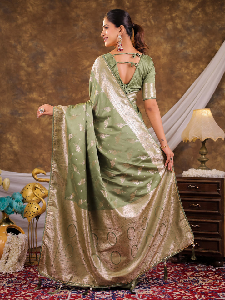 Sage Green Kanjivaram Banarasi Satin Silk Saree with Silver Zari Weaving, Designer Woven Pallu & Tassel Detailing