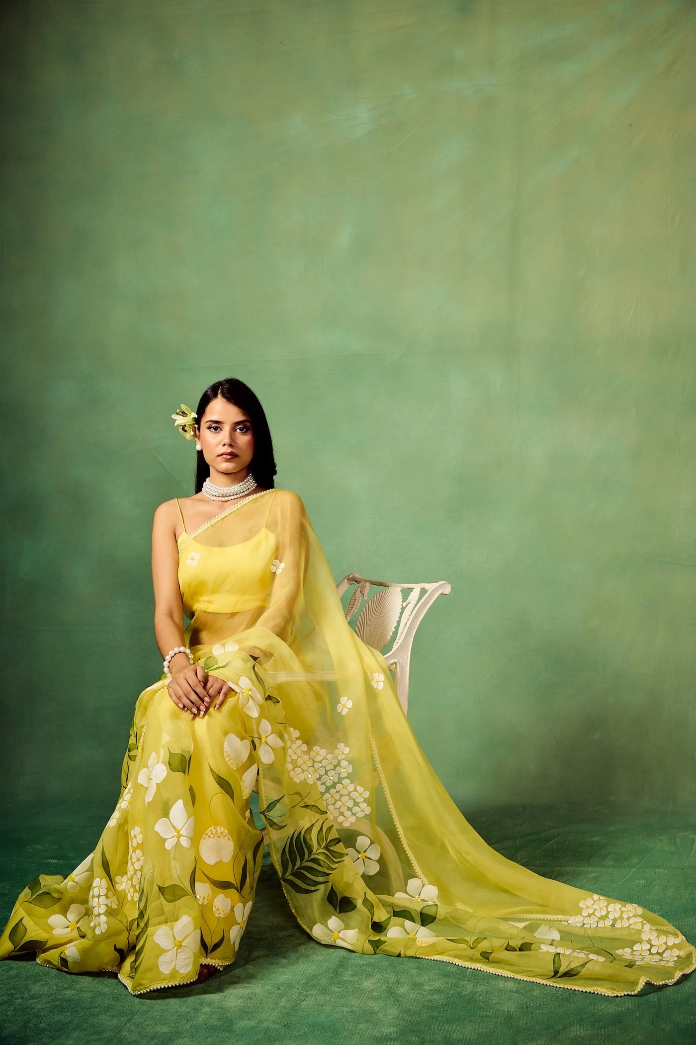 Sky Blue Hand-Painted Pure Organza Saree with White Dogwood Floral Motifs & Modal Satin Blouse
