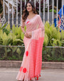 Blush Pink Mul Cotton Polka Dot Saree for Women with Red Striped Pallu & Tassels | Soft Breathable Office & Daily Wear, Comes With Attached Blouse Piece