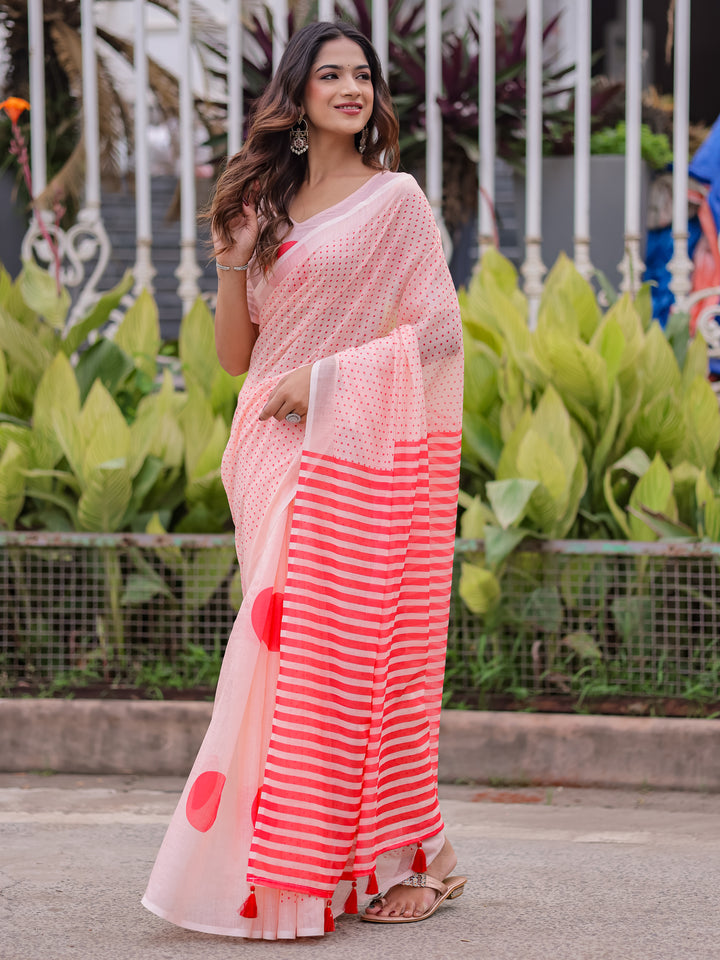 Blush Pink Mul Cotton Polka Dot Saree for Women with Red Striped Pallu & Tassels | Soft Breathable Office & Daily Wear