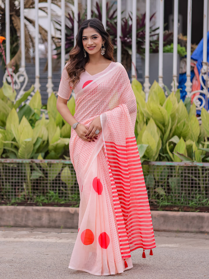 Blush Pink Mul Cotton Polka Dot Saree for Women with Red Striped Pallu & Tassels | Soft Breathable Office & Daily Wear