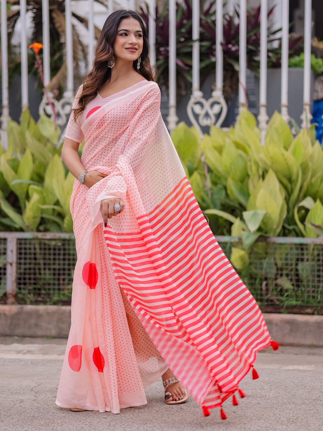 Blush Pink Mul Cotton Polka Dot Saree for Women with Red Striped Pallu & Tassels | Soft Breathable Office & Daily Wear