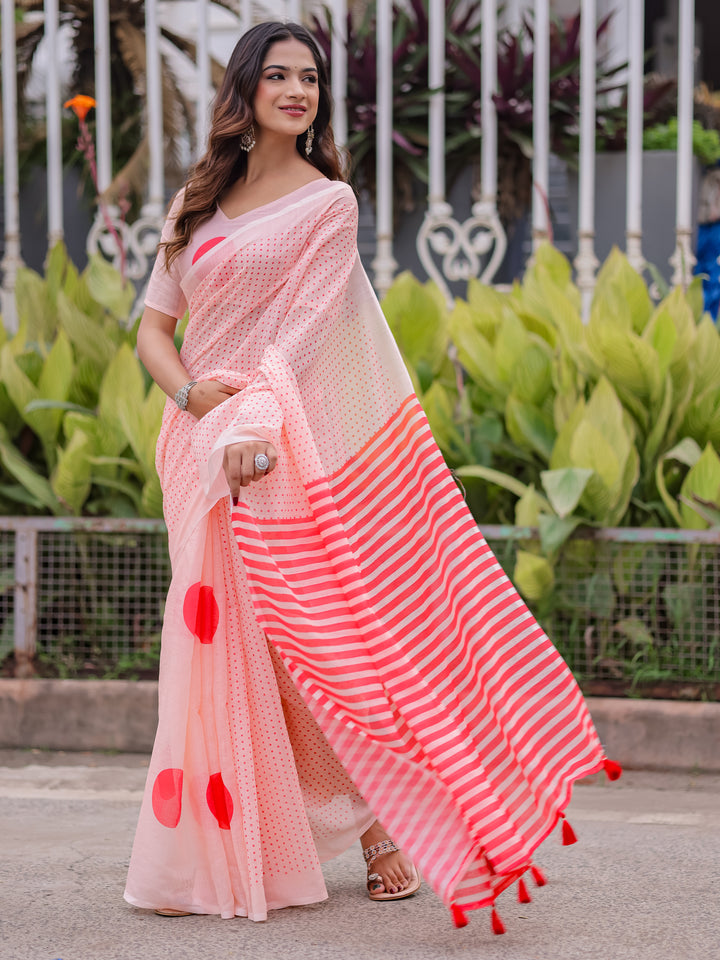 Blush Pink Mul Cotton Polka Dot Saree for Women with Red Striped Pallu & Tassels | Soft Breathable Office & Daily Wear