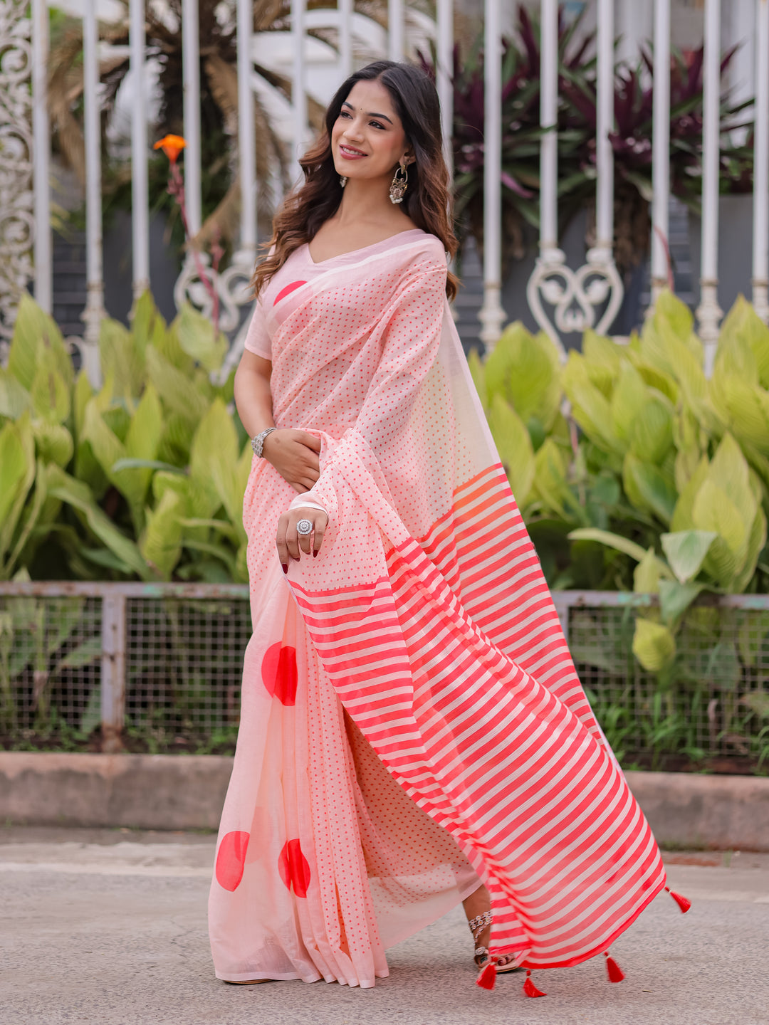 Blush Pink Mul Cotton Polka Dot Saree for Women with Red Striped Pallu & Tassels | Soft Breathable Office & Daily Wear
