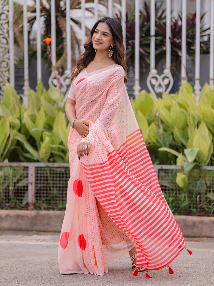 Blush Pink Mul Cotton Polka Dot Saree for Women with Red Striped Pallu & Tassels | Soft Breathable Office & Daily Wear