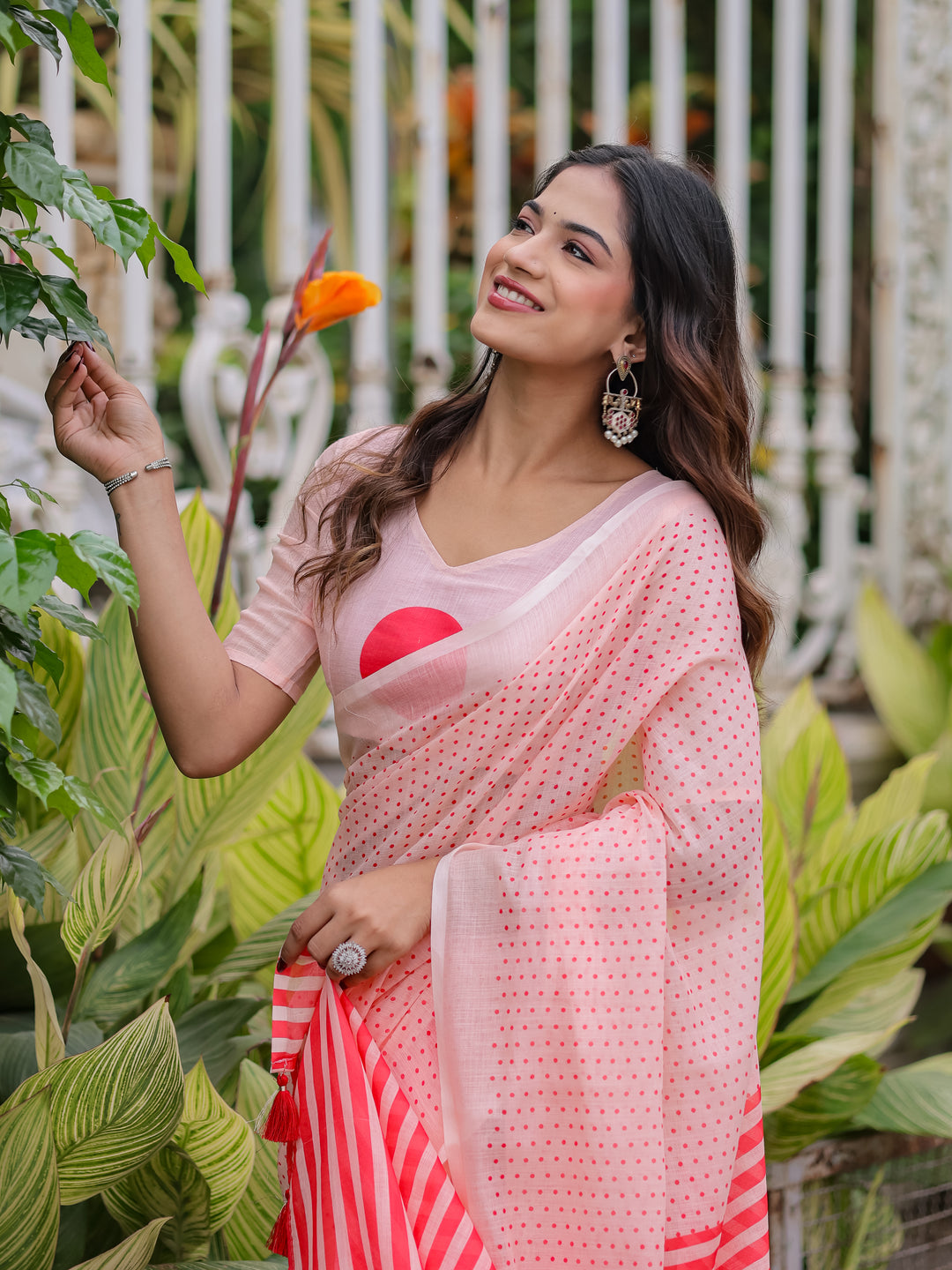 Blush Pink Mul Cotton Polka Dot Saree for Women with Red Striped Pallu & Tassels | Soft Breathable Office & Daily Wear