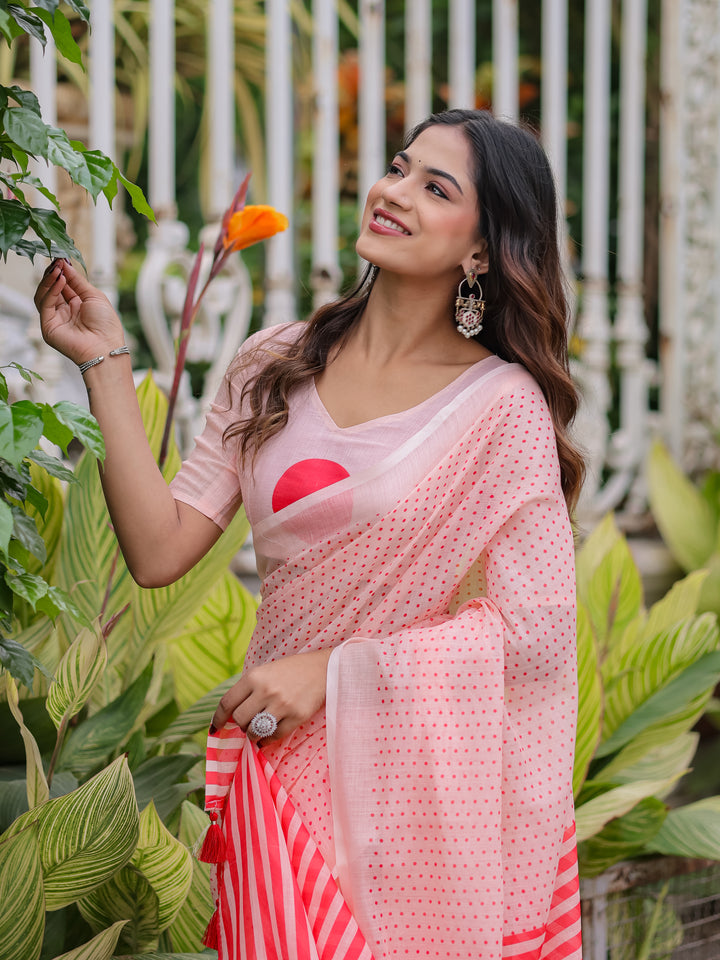 Blush Pink Mul Cotton Polka Dot Saree for Women with Red Striped Pallu & Tassels | Soft Breathable Office & Daily Wear