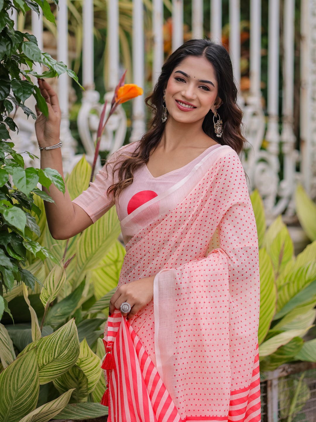 Blush Pink Mul Cotton Polka Dot Saree for Women with Red Striped Pallu & Tassels | Soft Breathable Office & Daily Wear