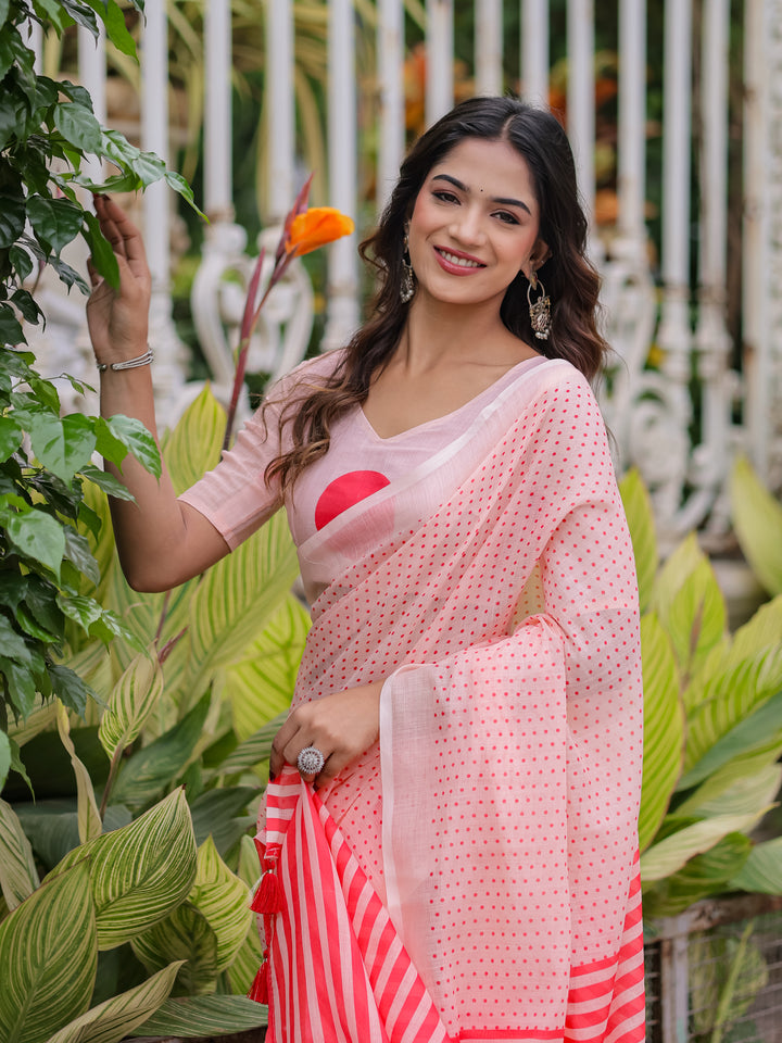 Blush Pink Mul Cotton Polka Dot Saree for Women with Red Striped Pallu & Tassels | Soft Breathable Office & Daily Wear
