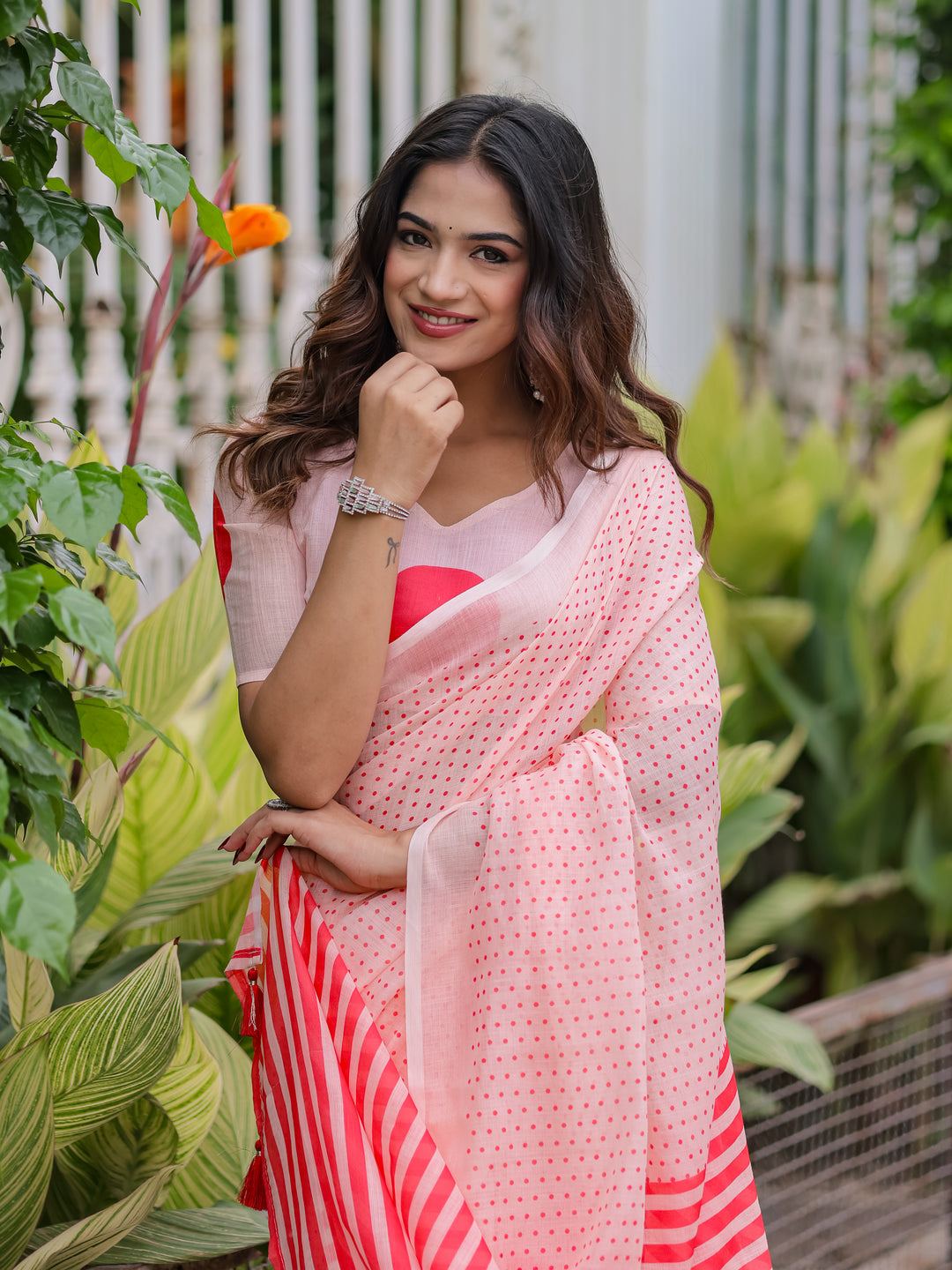 Blush Pink Mul Cotton Polka Dot Saree for Women with Red Striped Pallu & Tassels | Soft Breathable Office & Daily Wear