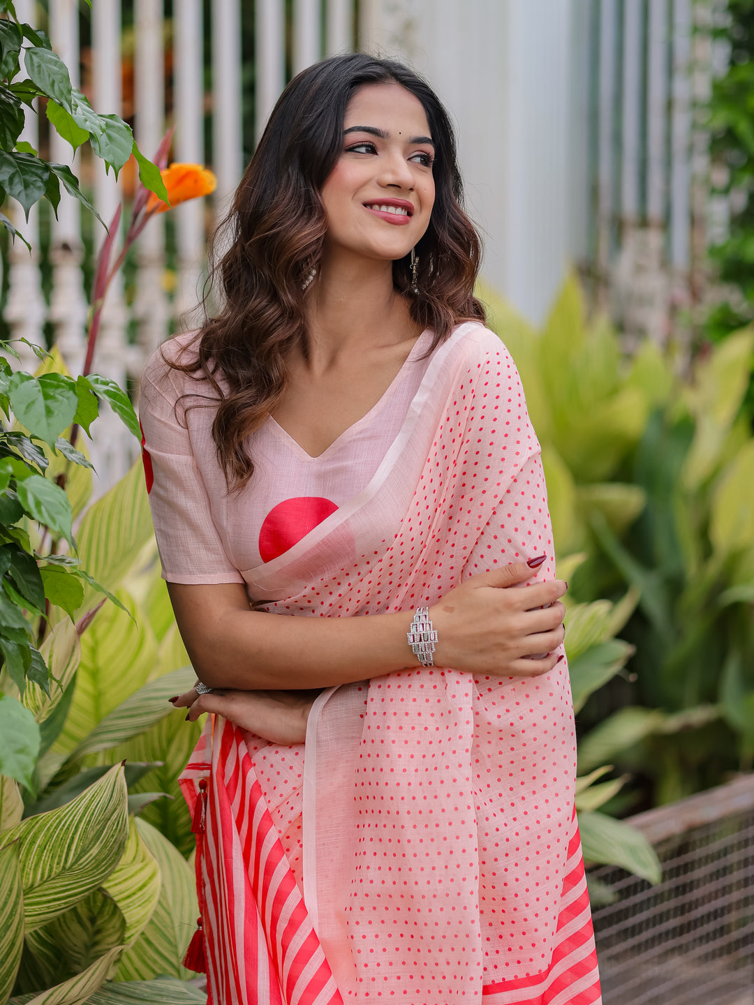 Blush Pink Mul Cotton Polka Dot Saree for Women with Red Striped Pallu & Tassels | Soft Breathable Office & Daily Wear