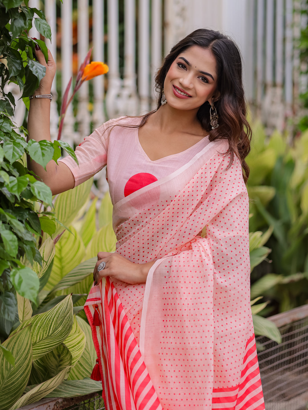 Blush Pink Mul Cotton Polka Dot Saree for Women with Red Striped Pallu & Tassels | Soft Breathable Office & Daily Wear