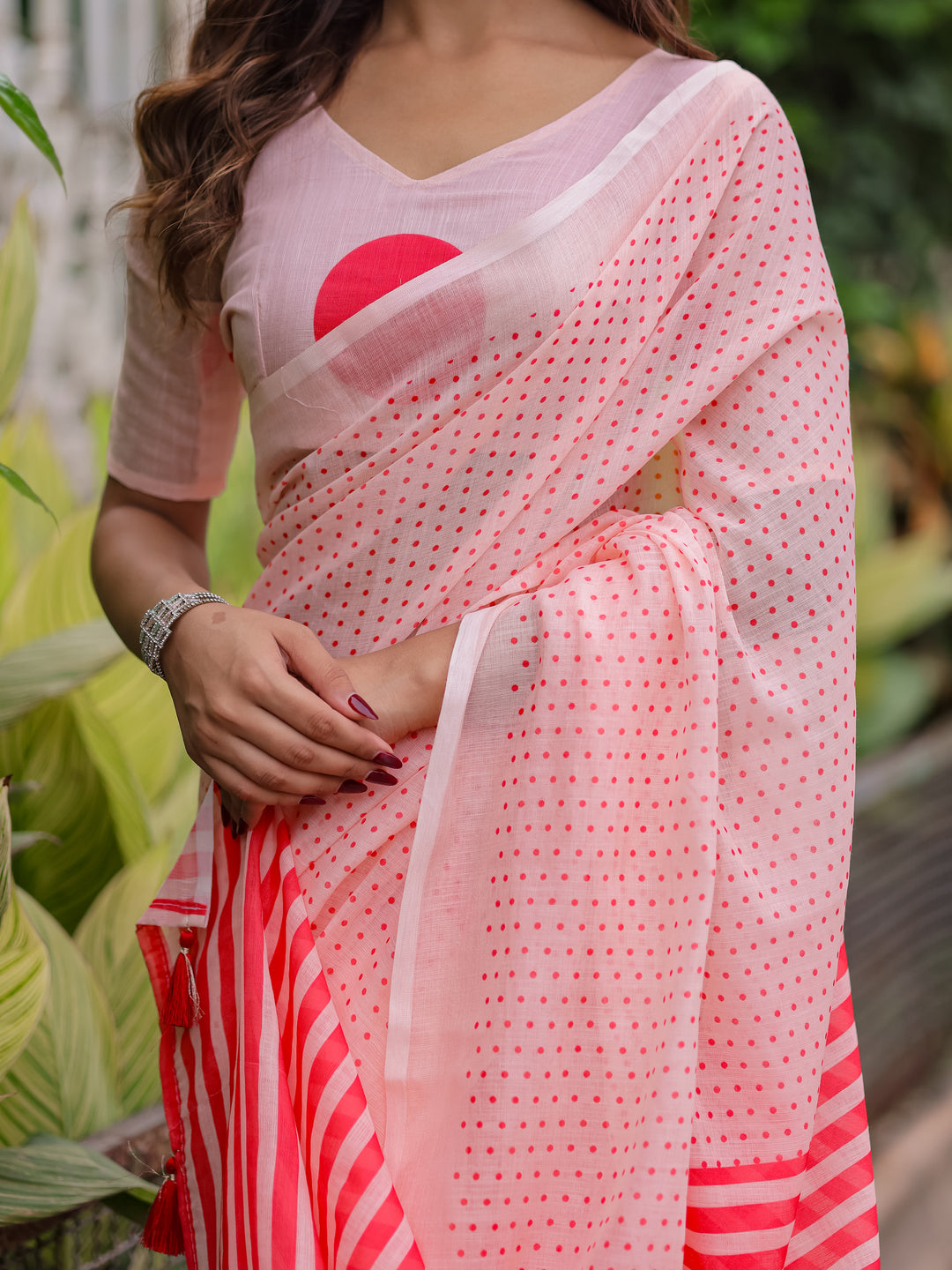 Blush Pink Mul Cotton Polka Dot Saree for Women with Red Striped Pallu & Tassels | Soft Breathable Office & Daily Wear