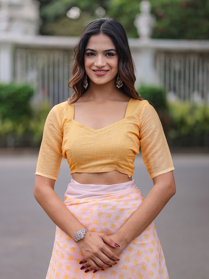 Blush Pink Mul Cotton Checkered Print Saree for Women with Mustard Yellow Tassels | Soft Breathable Office & Daily Wear