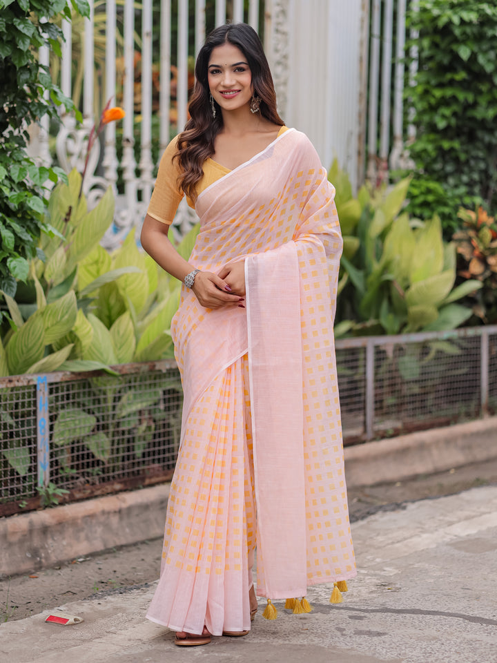 Blush Pink Mul Cotton Checkered Print Saree for Women with Mustard Yellow Tassels | Soft Breathable Office & Daily Wear