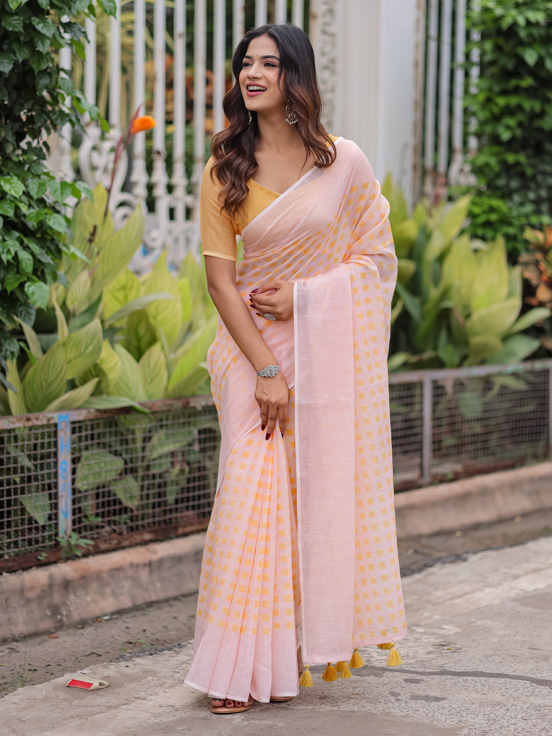 Blush Pink Mul Cotton Checkered Print Saree for Women with Mustard Yellow Tassels | Soft Breathable Office & Daily Wear