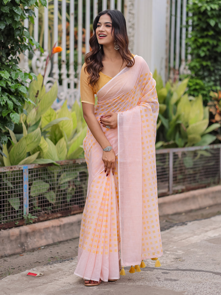 Blush Pink Mul Cotton Checkered Print Saree for Women with Mustard Yellow Tassels | Soft Breathable Office & Daily Wear
