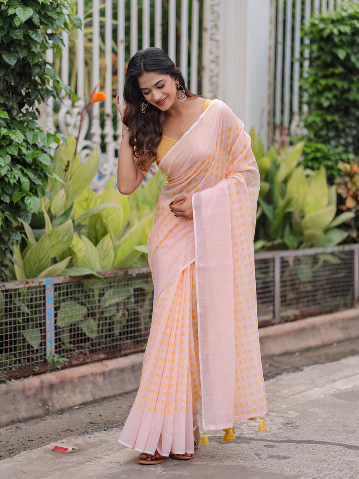Blush Pink Mul Cotton Checkered Print Saree for Women with Mustard Yellow Tassels | Soft Breathable Office & Daily Wear