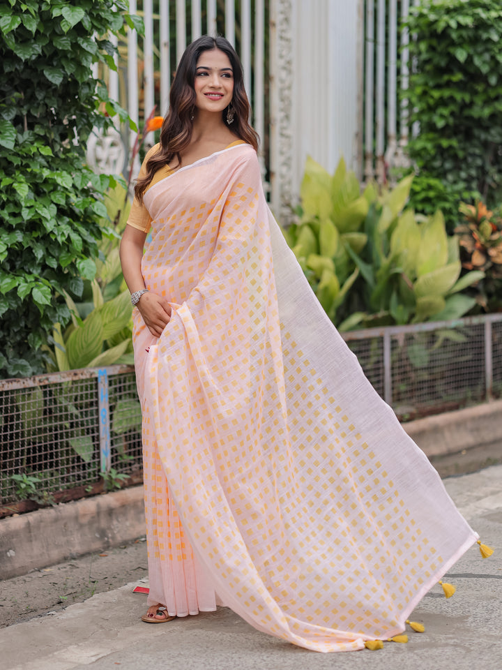 Blush Pink Mul Cotton Checkered Print Saree for Women with Mustard Yellow Tassels | Soft Breathable Office & Daily Wear