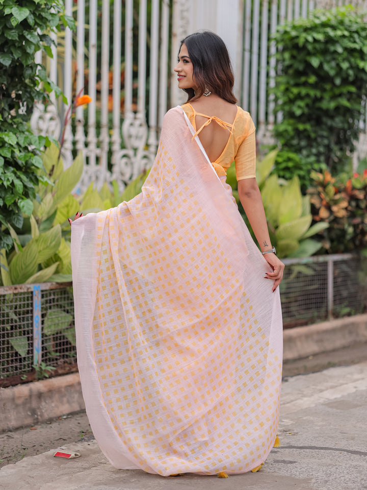 Blush Pink Mul Cotton Checkered Print Saree for Women with Mustard Yellow Tassels | Soft Breathable Office & Daily Wear