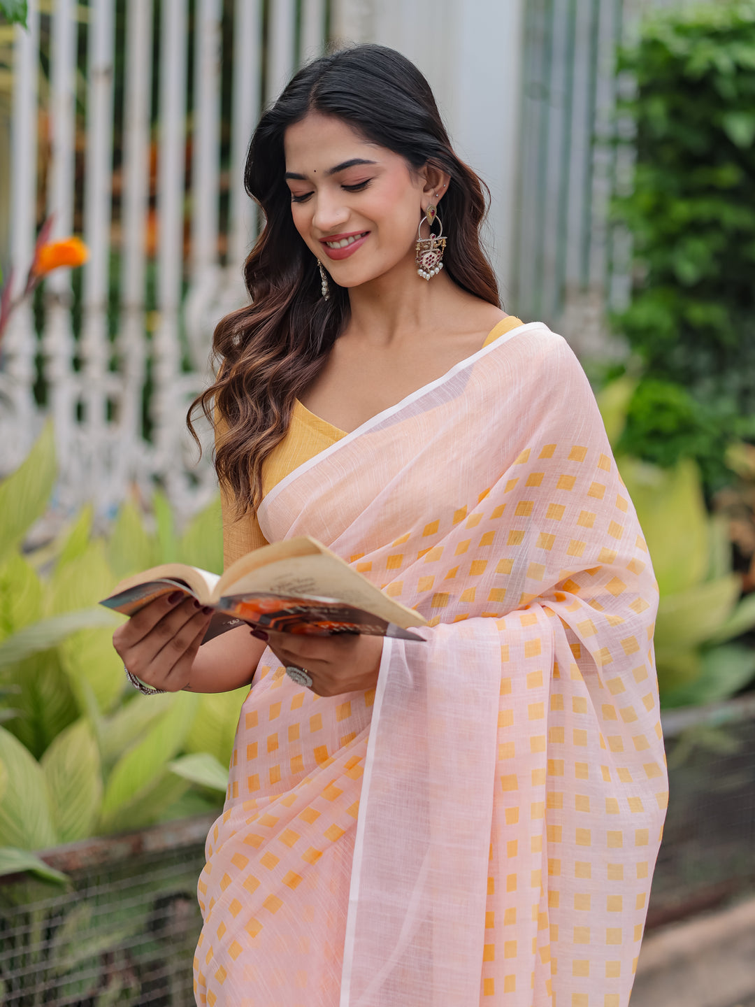 Blush Pink Mul Cotton Checkered Print Saree for Women with Mustard Yellow Tassels | Soft Breathable Office & Daily Wear