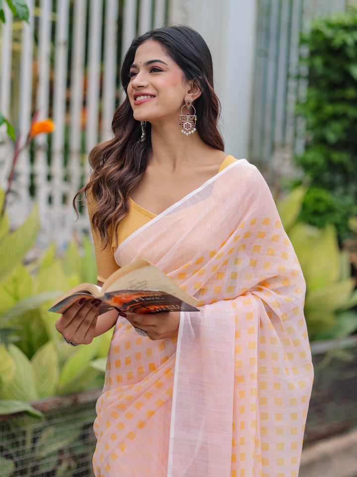 Blush Pink Mul Cotton Checkered Print Saree for Women with Mustard Yellow Tassels | Soft Breathable Office & Daily Wear
