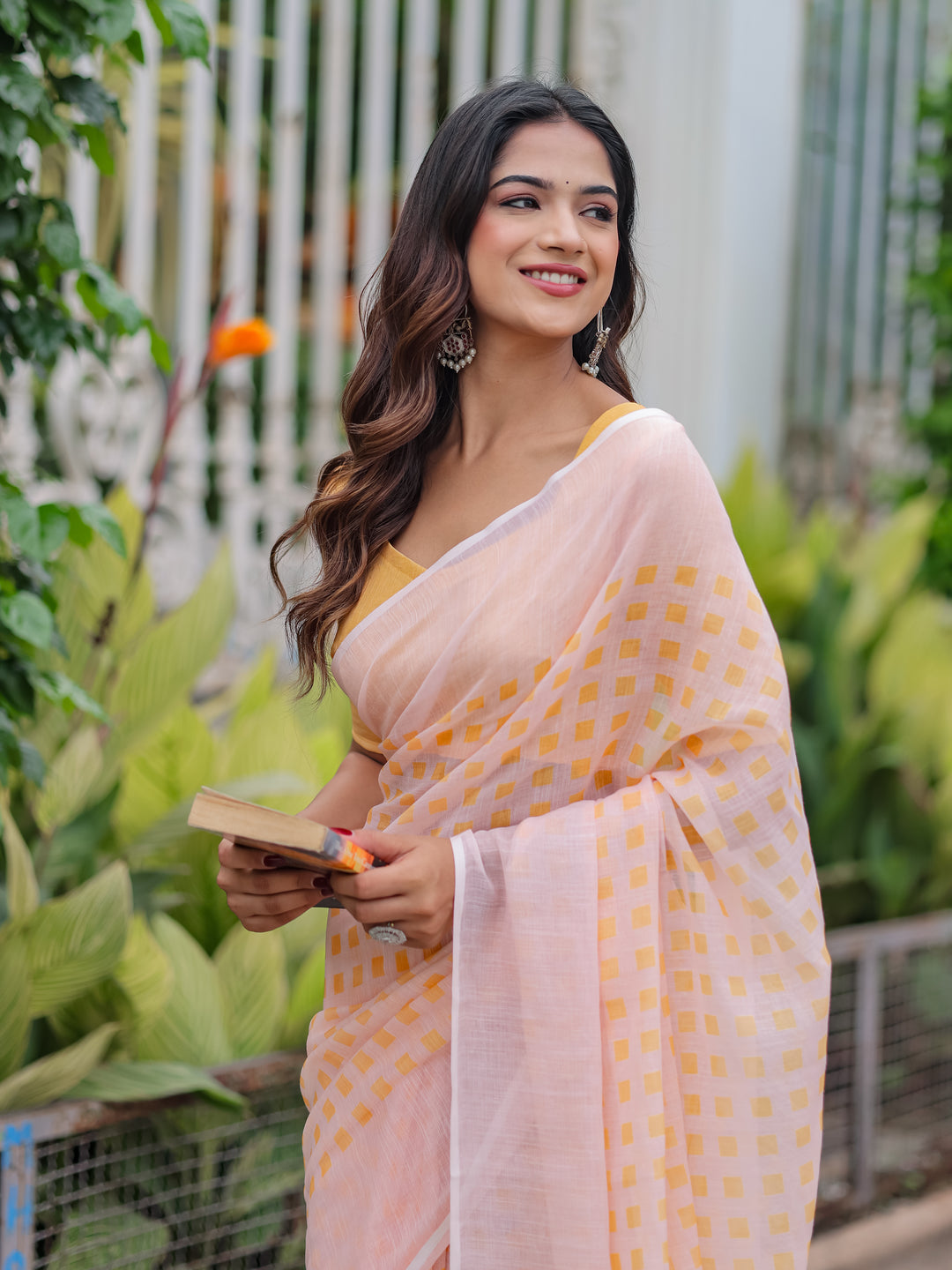 Blush Pink Mul Cotton Checkered Print Saree for Women with Mustard Yellow Tassels | Soft Breathable Office & Daily Wear