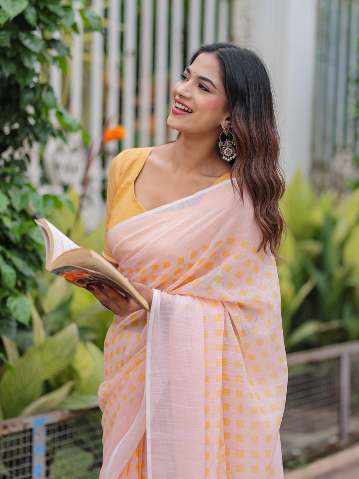 Blush Pink Mul Cotton Checkered Print Saree for Women with Mustard Yellow Tassels | Soft Breathable Office & Daily Wear