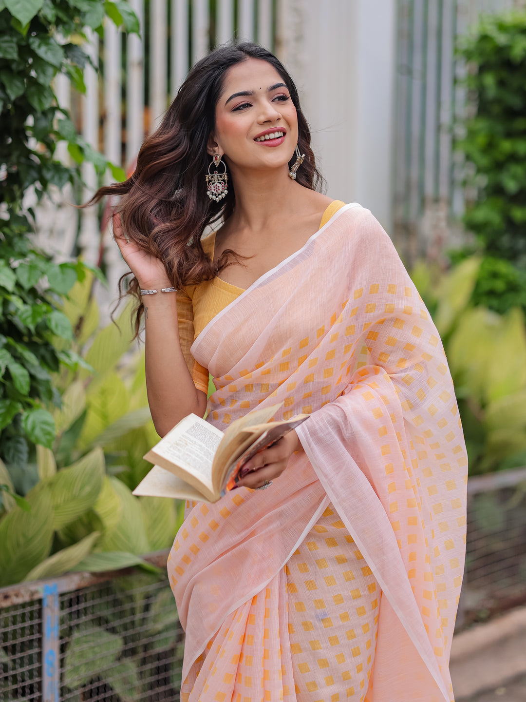 Blush Pink Mul Cotton Checkered Print Saree for Women with Mustard Yellow Tassels | Soft Breathable Office & Daily Wear