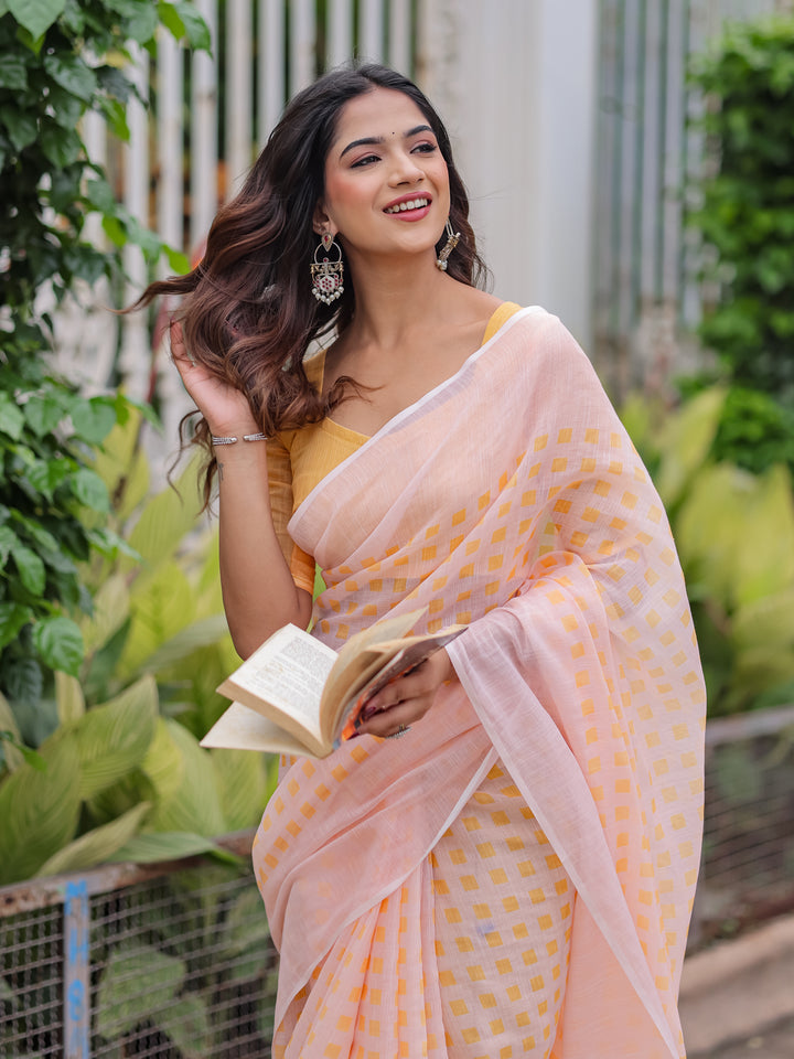 Blush Pink Mul Cotton Checkered Print Saree for Women with Mustard Yellow Tassels | Soft Breathable Office & Daily Wear