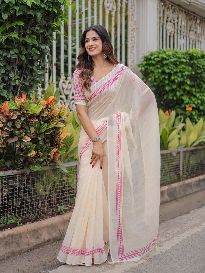 Ivory Mul Cotton Striped Saree for Women with Pink Printed Border & Tassels | Soft Breathable Office & Daily Wear Saree