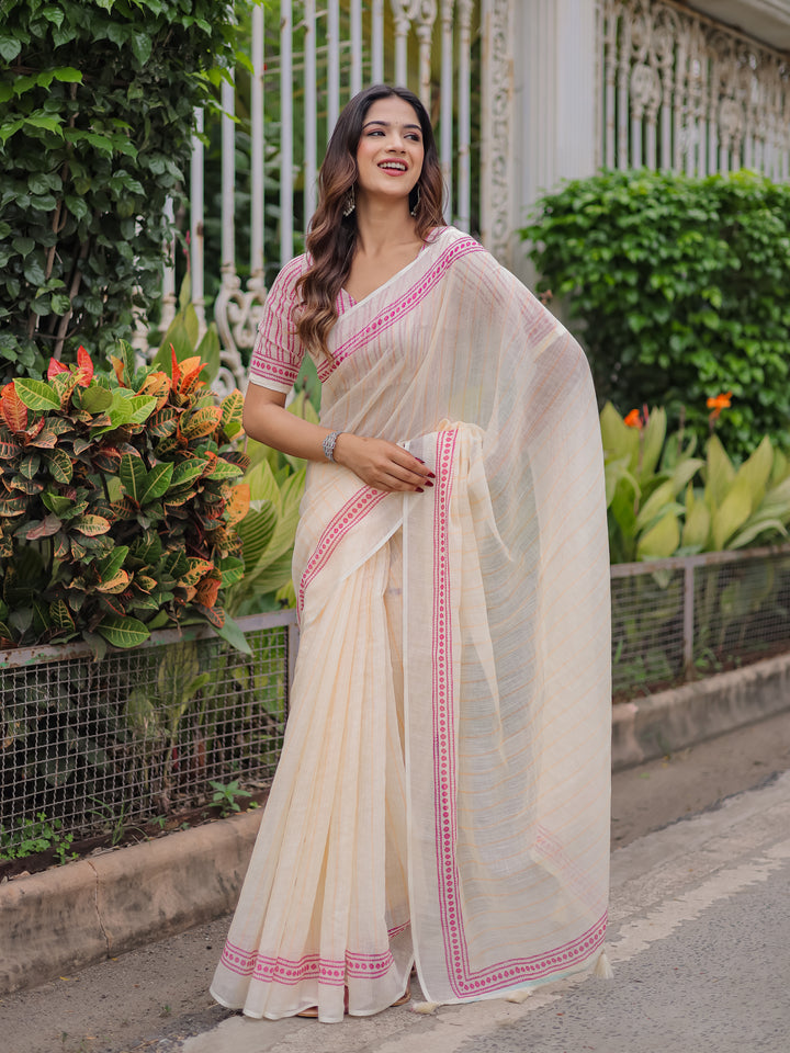 Ivory Mul Cotton Striped Saree for Women with Pink Printed Border & Tassels | Soft Breathable Office & Daily Wear Saree