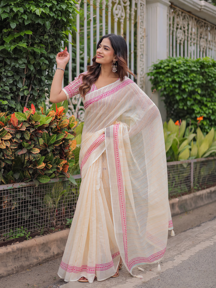 Ivory Mul Cotton Striped Saree for Women with Pink Printed Border & Tassels | Soft Breathable Office & Daily Wear Saree